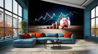 A pink piggy bank sits on a wooden surface in front of a blurred background of a stock market chart. Wall mural