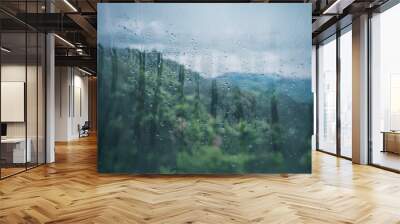 A raindrop-covered window reveals a lush, green landscape with rolling hills, the sky overcast with a soft, grey glow. Wall mural