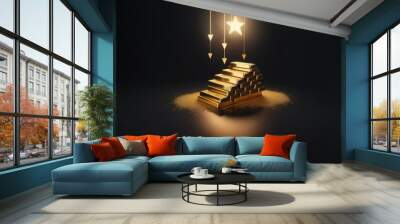 A stack of gold bars sits on a dark surface, with a glowing star and three descending arrows hanging above. Wall mural