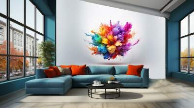 A vibrant, colorful explosion of paint in the shape of a flower, isolated on a white background. Wall mural