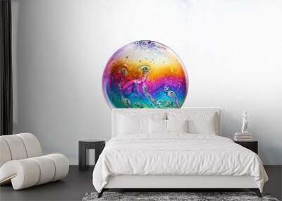 A vibrant, iridescent soap bubble, isolated on a white background. Wall mural