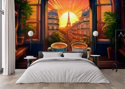 A view from a window shows a sunset over a city with a tower in the distance, two cups of coffee on a table in the foreground. Wall mural