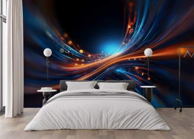 Abstract blue and orange streaks of light curve and flow in a dark background. Wall mural