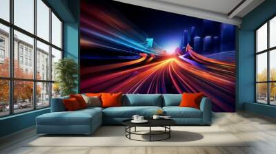 Abstract image of a cityscape at night with glowing streaks of light and arrows pointing upwards. Wall mural