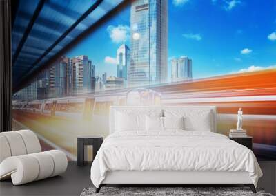 Motion blur of high speed train moving  in Hong Kong Wall mural