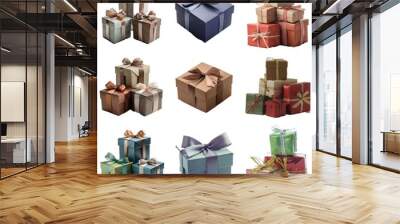 Nine gift boxes with bows in various colors and textures, isolated on white background. Wall mural