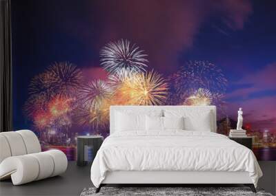 Panorama view of Hong Kong fireworks show in Victoria Harbor Wall mural