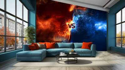 Red and blue energy collide in a clash of contrasting forces. The word 