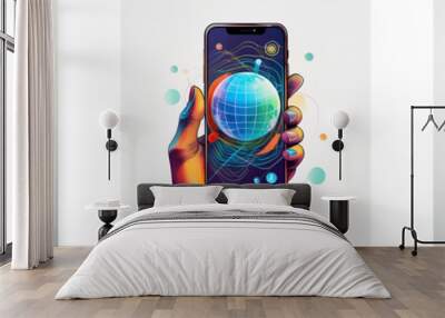 Three images of a smartphone displaying a globe and digital connections. Wall mural