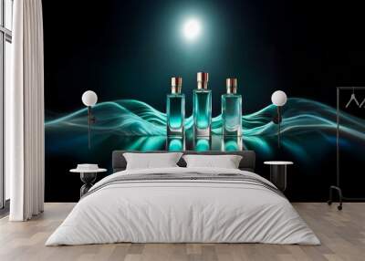 Three perfume bottles with gold accents stand in the middle of a swirling blue smoke on a black background, with a soft light shining on the bottles. Wall mural