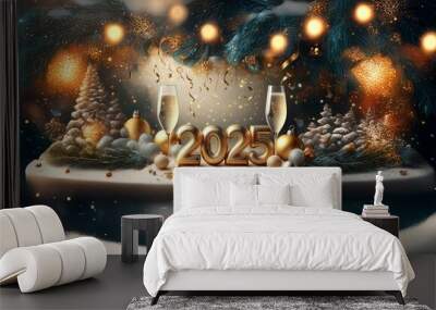 Two champagne flutes filled with bubbly sit on a snowy surface, surrounded by gold ornaments and evergreen branches.  The year 2025 is in gold in the center. Wall mural