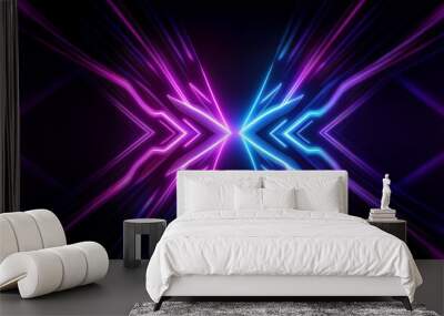 Two symmetrical neon arrows point in opposite directions against a dark background. The arrows are made of electric blue and pink light, creating a symmetrical pattern. Wall mural