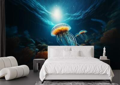 Underwater scene with two glowing jellyfish, illuminated by sunlight shining through the water, with coral in the background. Wall mural