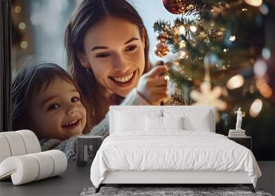 mother and daughter decorating christmas tree Wall mural