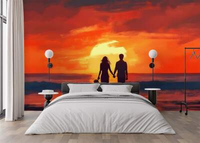 silhouette of a couple on a beach Wall mural