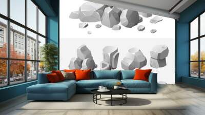 Stones and rocks in isometric 3d flat style.Gray rock stone set cartoon. Set of different boulders. Wall mural