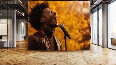 a African Ethiopian male gospel singer, dressed in earthy, fall-inspired clothing, singing passionately amidst the autumn colors. generative AI Wall mural