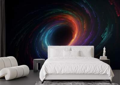 a cg rendering of a digital vortex swirling in dark space. Beams of rainbow gradient light bend into an event horizon. generative AI Wall mural