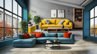 A contemporary living room with yellow furniture and a modern minimalist architectural office interior. generative AI Wall mural