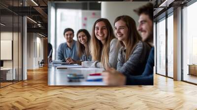 A group of young professionals in an office setting gathered around a table laughing together during their team meeting or training session. Wall mural