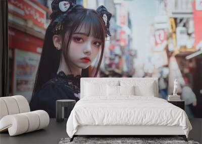 a japanese teen girl in lolita fashion, fairycore, dreamcore, miniskirt, in the street of Tokyo, she has a flair on her face, healthy skin. Wall mural