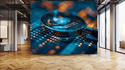 a magnifying glass over a financial data board. financial data strategy with graph, marketing report chart economy investment research. generative AI Wall mural