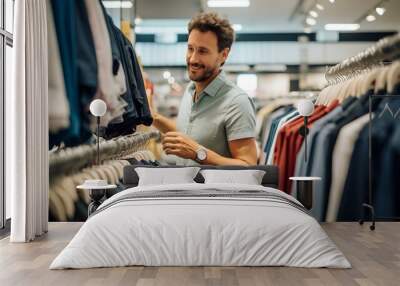 a man in his early 40s, is now inside a clothing store in the shopping mall, carefully selecting garments from the racks. generative AI Wall mural