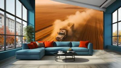 Aerial view of cargo truck driving on dirt road. transportation of grain. generative AI Wall mural