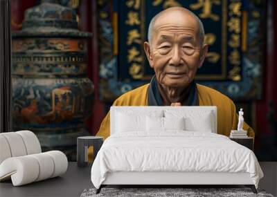 An old Chinese abbot faces the camera with his hands clasped in front of the camera, standing next to the merit box in the background of the temple. generative AI Wall mural