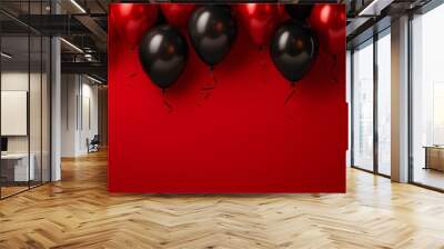 Bunch of black and red balloons on red background, space for text. banner design. generative AI Wall mural