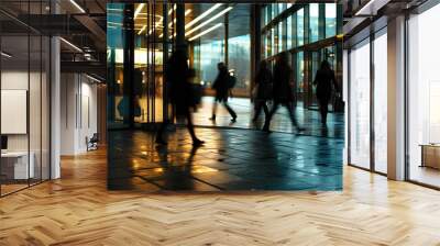 business scene with people walking with blurred background in indoor business building, dark gray and light amber, contemporary glass window, busy street. generative AI Wall mural