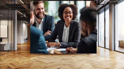 Busy happy diverse international executive team people communicating in office having discussion in boardroom. generative AI Wall mural