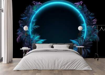 circle neon frame in foliage, in the style of conceptual digital art, exotic atmosphere, enigmatic tropics, dark sky-blue and light sky-blue, dark paradise with tropical leaves. generative AI Wall mural