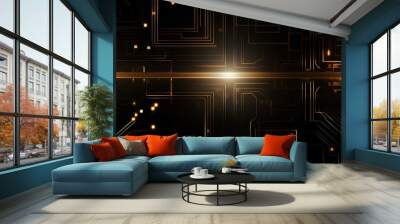 Circuit board digital technology background. Abstract golden light lines luxury on black background. generative AI Wall mural