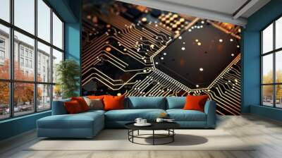 Circuit board digital technology background. Abstract golden light lines luxury on black background. generative AI Wall mural