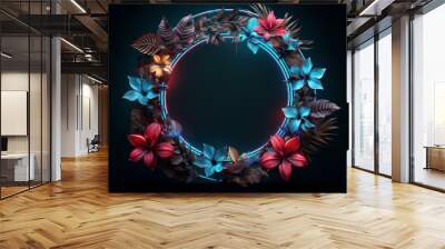 circular neon frame with tropical leaves and flowers in a dark background, in the style of mysterious jungle, light sky-blue and azure, spectacular backdrops, light-filled. generative AI Wall mural