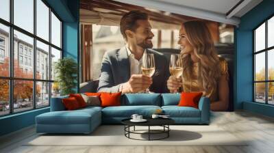 couple drinking champagne inside a luxury coach on a bright sunny day. generative AI Wall mural