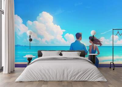 Couple looking at the calm and blue sea, bright and sunny day, anime style illustration. Wall mural