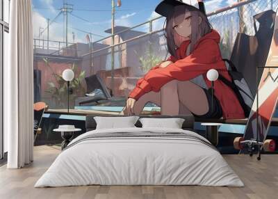 cute skater woman, outdoors, chilling, rap pose, japanese anime style. generative AI Wall mural