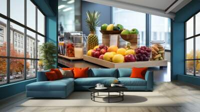 Fresh fruit and snack bar in open space office. concept of employee welfare to improve work efficiency. generative AI Wall mural