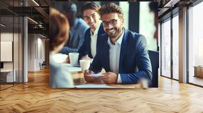 Happy busy professional young business man company executive working with team colleagues people discussing project in office at group meeting table in corporate boardroom. generative AI Wall mural