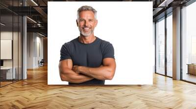 Happy middle aged man isolated on white studio background. Confident mature mid adult handsome male model wearing t-shirt looking at camera with arms crossed. Wall mural