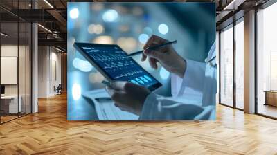 Medicine doctor write electronic medical record on tablet. Digital healthcare and network connection on hologram modern virtual screen interface, insurance, technology and network. generative AI Wall mural