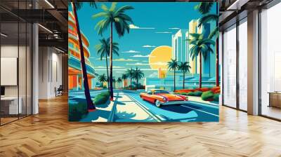 minimalistic vector 2d art style abstract 1980's futurism car city beach palms. generative ai Wall mural