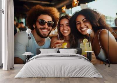 Multiracial friends celebrating party drinking cocktails at bar restaurant, Young people having fun on weekend day. Life style concept with guys and girls enjoying together. generative AI Wall mural