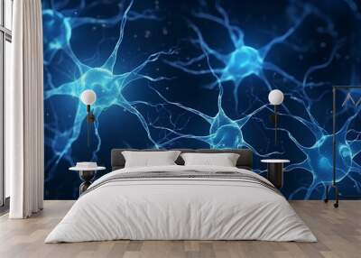 Nerve cell blue color banner, system neuron of brain with synapses. medicine biology background. generative AI Wall mural