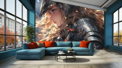 perfect female warrior face, profile, in the style of bold curves, shiny, glossy, fantasy game style concept art character design. generative AI Wall mural