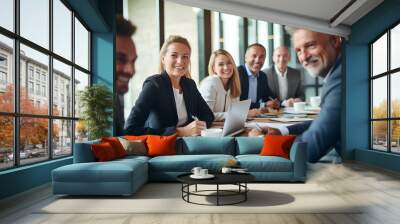 Professional executives business group working with documents at meeting. Smiling corporate board team having discussion planning company project strategy sitting at board room table. generative AI Wall mural