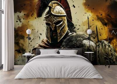 spartan warrior fighting at the battle of thermopylae, gritty horror comics, dark red and gold, inkblot, intricate use of hatching, golden palette, strong emotional impact. generative AI Wall mural