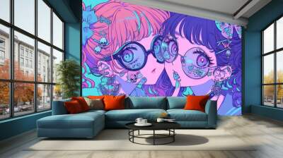 Two anime girls, one with pink hair and the other purple hair, on a white background with a butterfly. in the cyberpunk aesthetic, in a chibi style digital art illustration. generative AI Wall mural